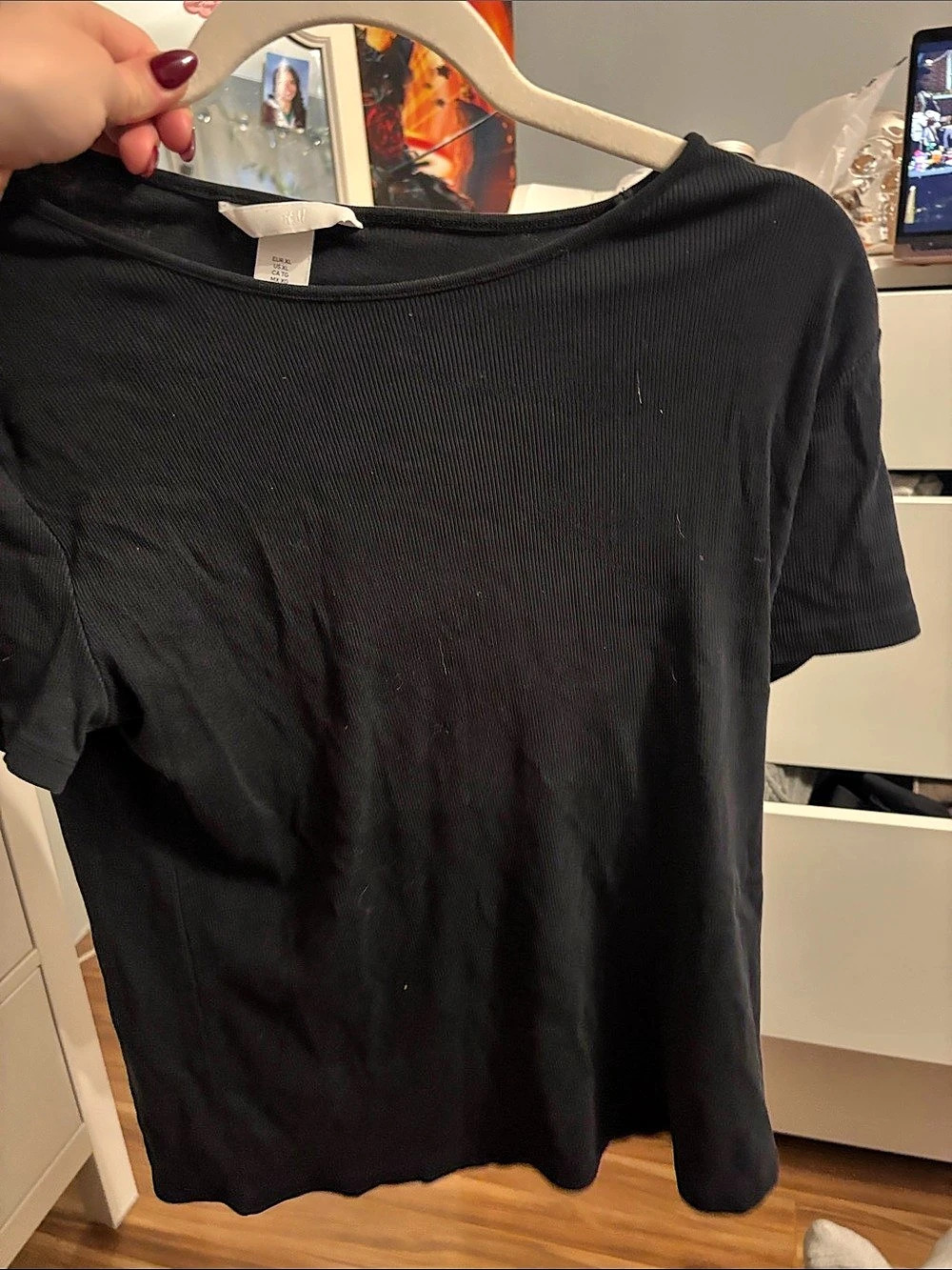 H&M Ribbed Short Sleeve Tee in Black Size XL